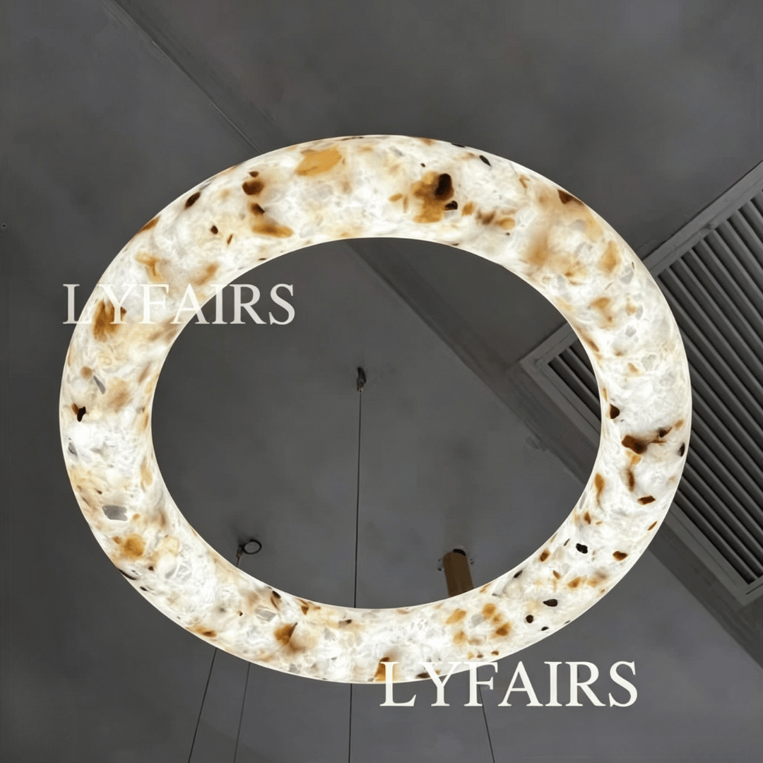 Modern Sculptural Circular Mixed Alabaster Halo Suspension Light