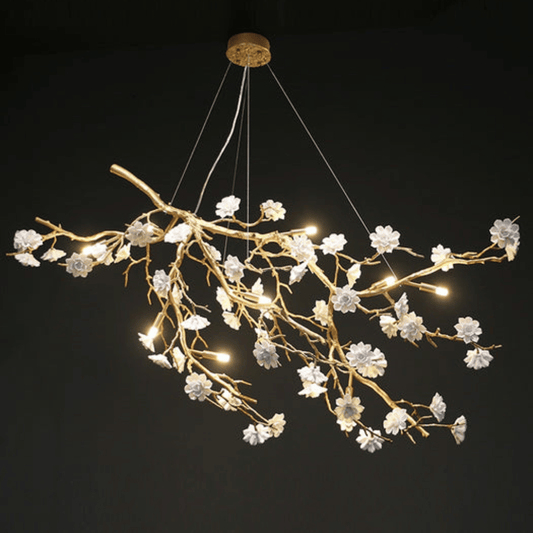 Post-Modern Art Brass and Ceramics Flower Pendant Branch Chandelier for Living/Dining Room