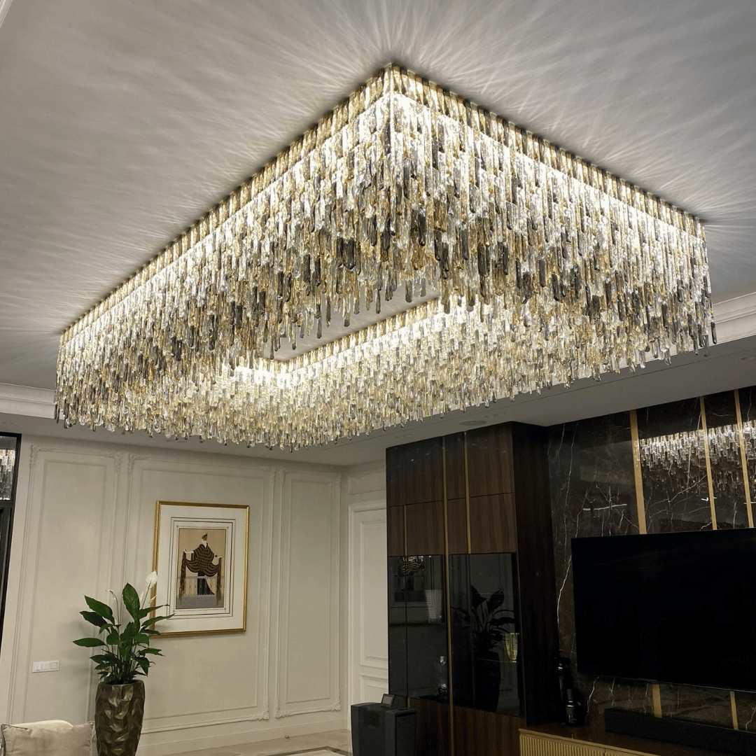 Grand Luxury Rectangular Gradient Smoky Amber Crystal Flush Mount Chandelier
