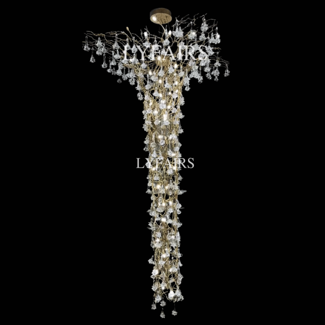 Nature-inspired Brass Tree Chandelier with Glazed Glass Flowers
