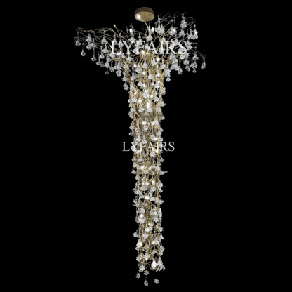 Nature-inspired Brass Tree Chandelier with Glazed Glass Flowers