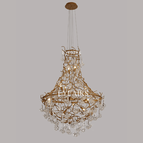 Nature-inspired Brass Tree Chandelier with Glazed Glass Flowers
