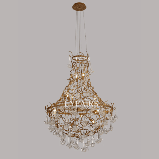 Nature-inspired Brass Tree Chandelier with Glazed Glass Flowers