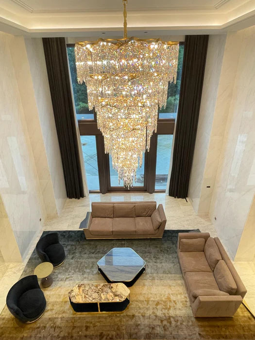Lampadario di cristallo dorato di lusso europeo di grandi dimensioni a più strati per villa/soffitto alto/ingresso