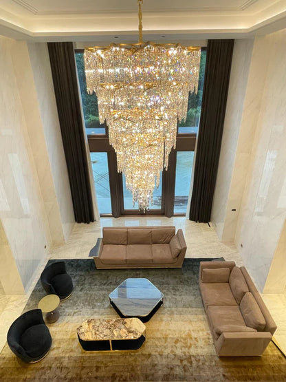 Lampadario di cristallo dorato di lusso europeo di grandi dimensioni a più strati per villa/soffitto alto/ingresso