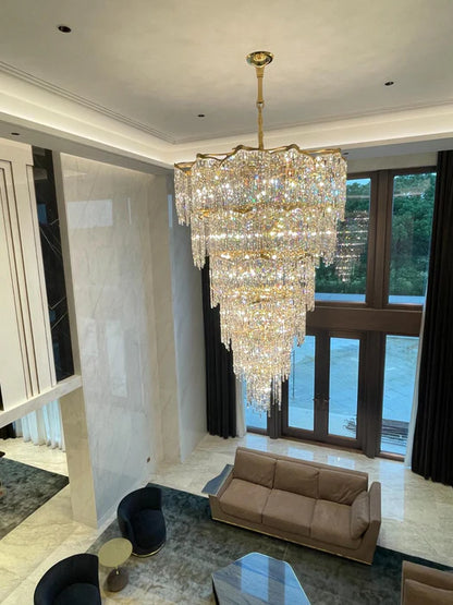 Lampadario di cristallo dorato di lusso europeo di grandi dimensioni a più strati per villa/soffitto alto/ingresso