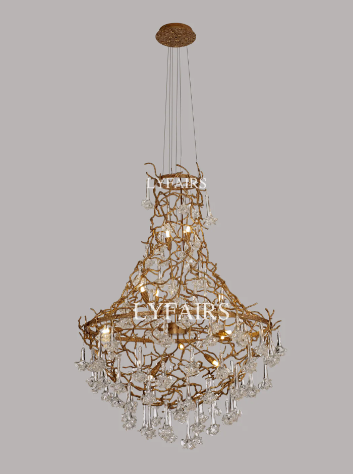 Nature-inspired Brass Tree Chandelier with Glazed Glass Flowers