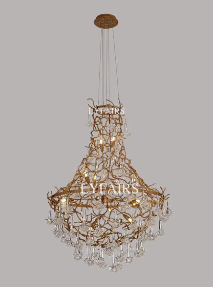 Nature-inspired Brass Tree Chandelier with Glazed Glass Flowers