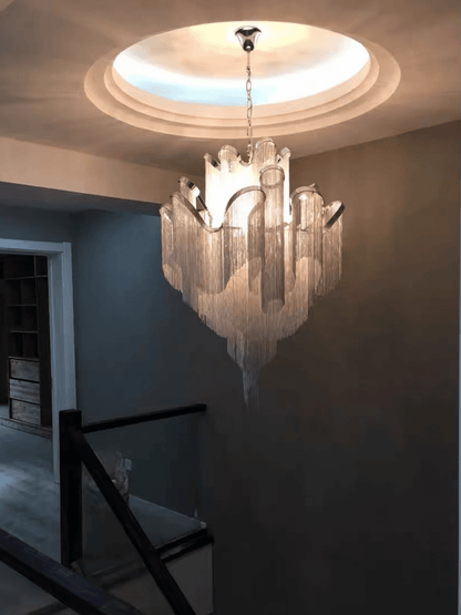 Contemporary Luxury Silver Stainless Steel Waterfall Tassel Chandelier