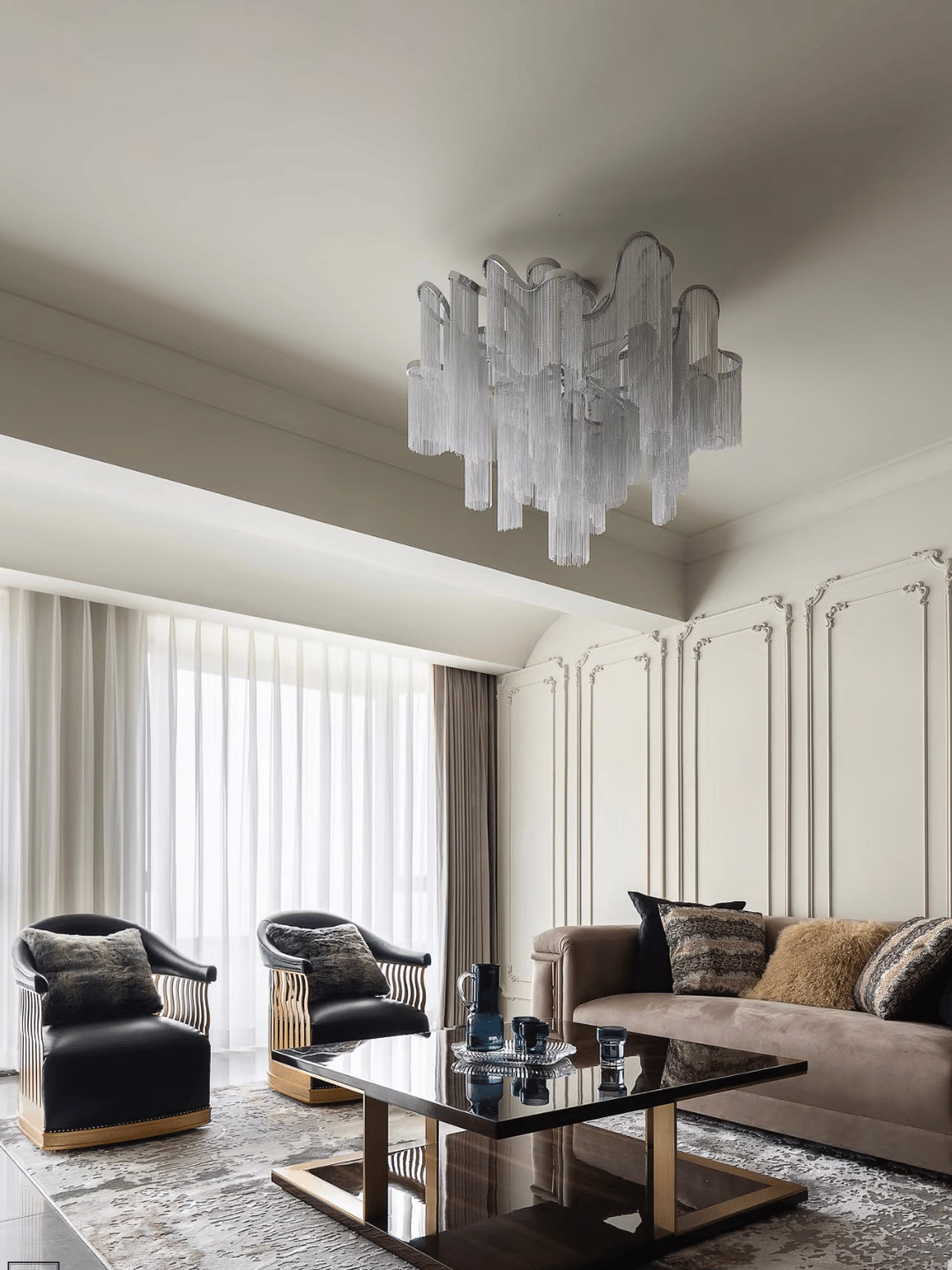 Contemporary Luxury Silver Stainless Steel Waterfall Tassel Chandelier