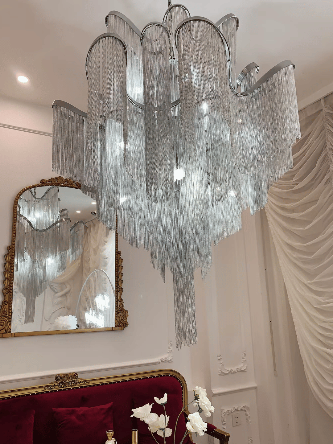 Contemporary Luxury Silver Stainless Steel Waterfall Tassel Chandelier