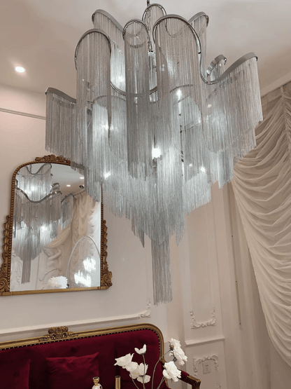 Contemporary Luxury Silver Stainless Steel Waterfall Tassel Chandelier
