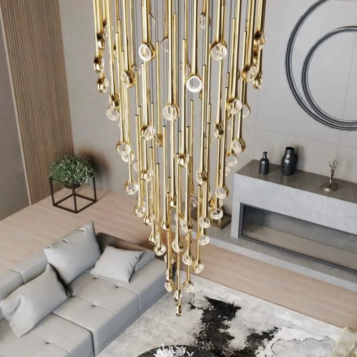 Modern Floating Long Gold Pendant Celing Chandelier for Living Room/Stairs/Foyer