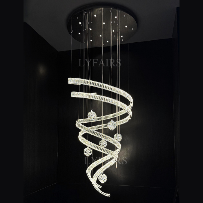Contemporary Spiral Twisted Ribbon K9 Crystal Ball Staircase Chandelier