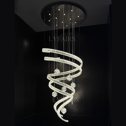 Contemporary Spiral Twisted Ribbon K9 Crystal Ball Staircase Chandelier