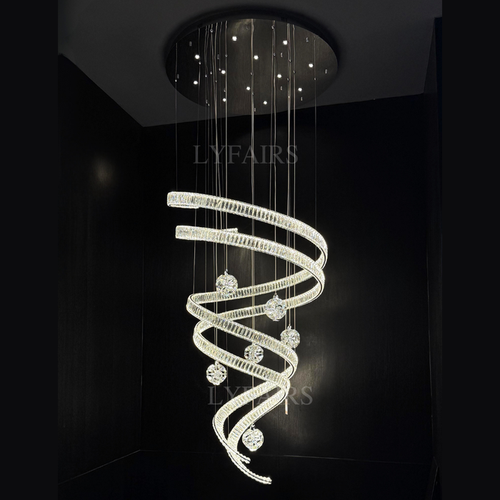 Contemporary Spiral Twisted Ribbon K9 Crystal Ball Staircase Chandelier