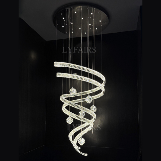 Contemporary Spiral Twisted Ribbon K9 Crystal Ball Staircase Chandelier