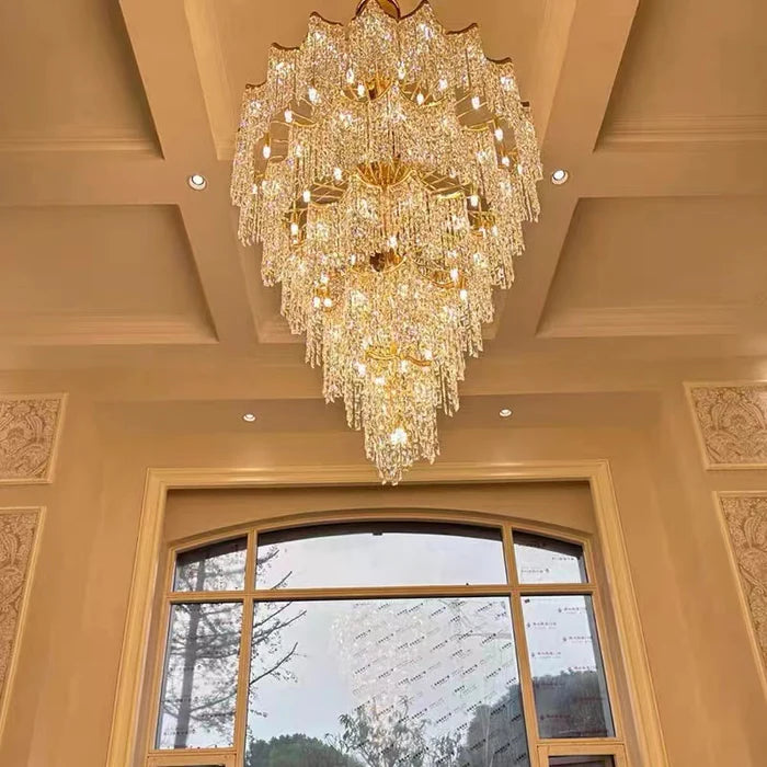 Lampadario di cristallo dorato di lusso europeo di grandi dimensioni a più strati per villa/soffitto alto/ingresso