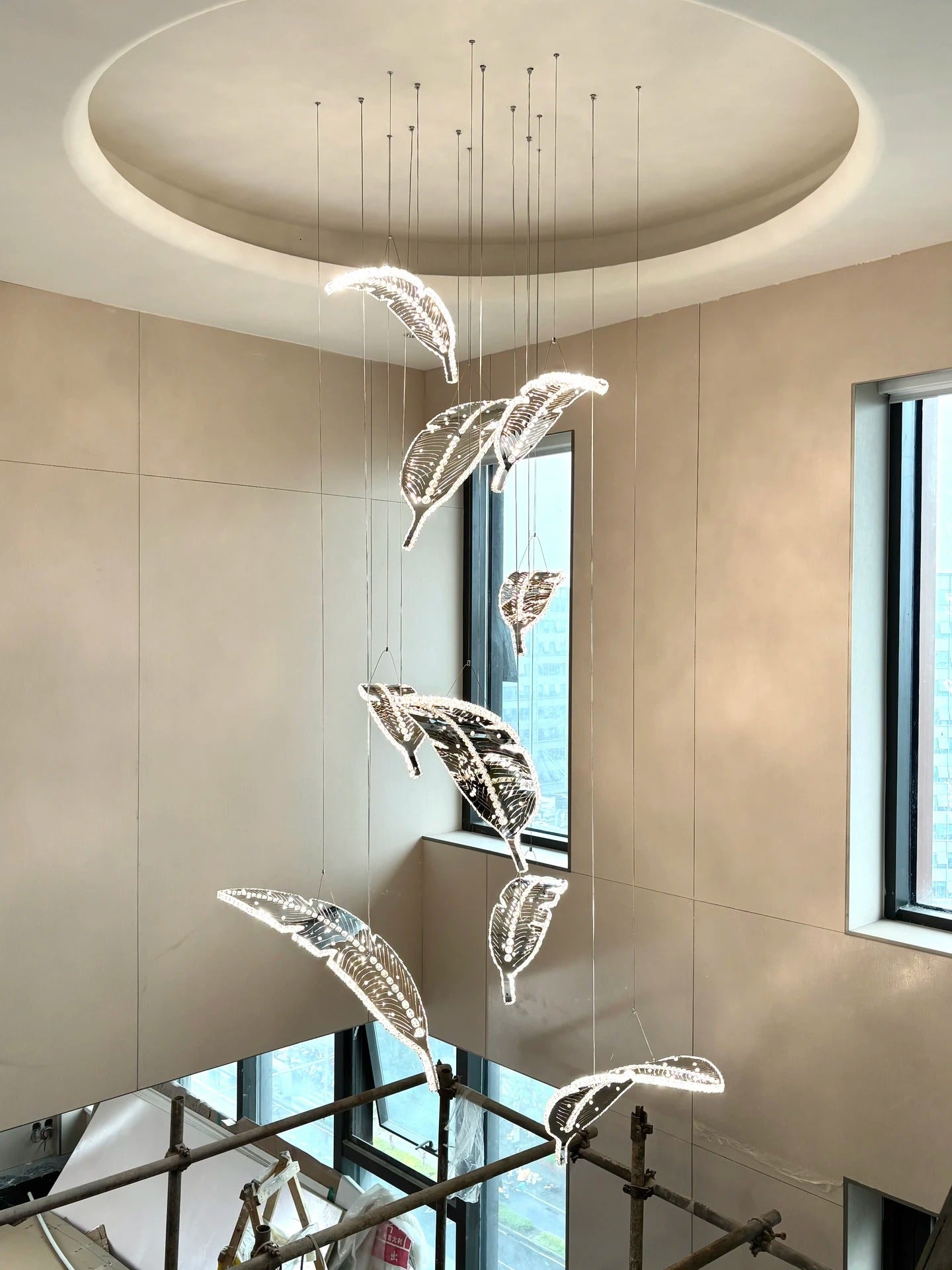 Modern Floating Sculptural Banana Leaf Crystal Ceiling Light