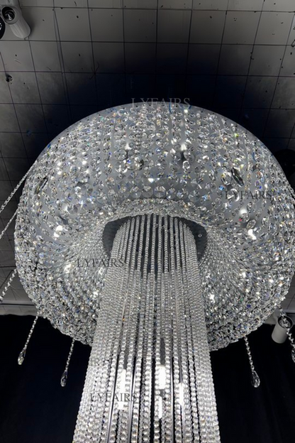 Extra Large Flush Mount Silver Waterfall Luxury Ceiling Crystal Chandelier for High-ceiling Living Room/Duplex Hall
