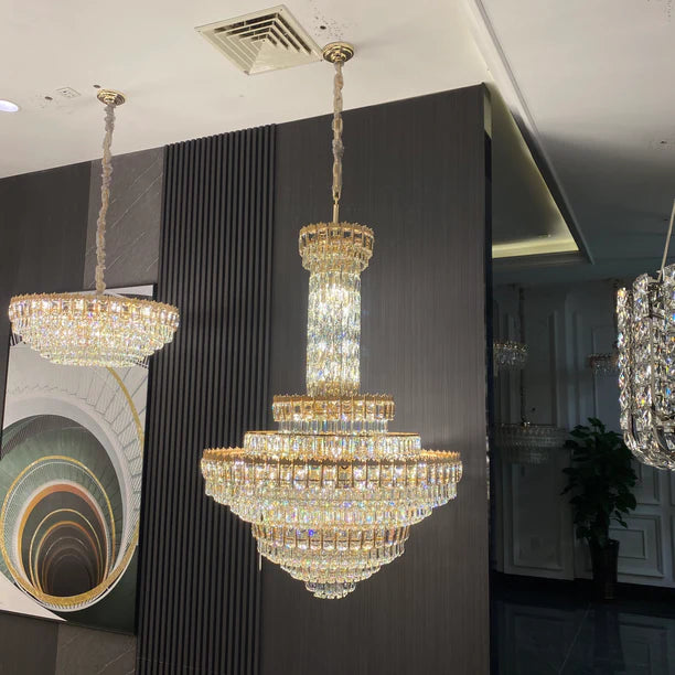 Lampadario di cristallo di lusso a più livelli extra large per soggiorno/atrio/lobby con soffitto alto 