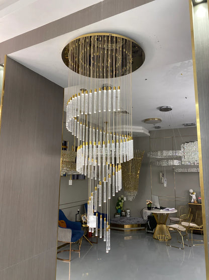 Modern Spiral Bubble Crystal Glass Rods Chandelier in Champagne Gold Finish for Staircase/Foyer/Villa
