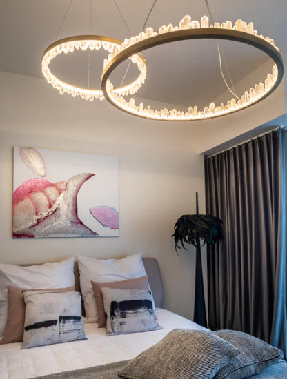 Modern Style Rings Brass & Natural Quartz Crystal Chandelier in Brass/Black Finish