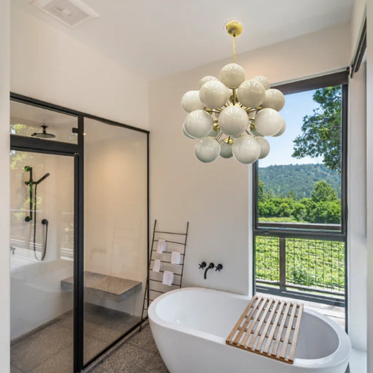 Lampadario Sputnik in vetro bianco/viola con uva per soggiorno/sala da pranzo/bagno/camera da letto