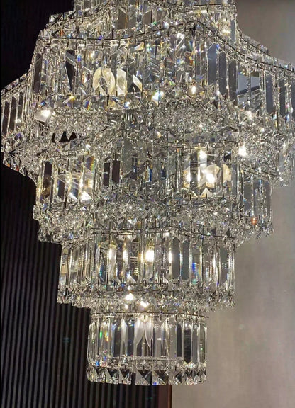Extra Large Plaza Hall Multi-Tier Crystal Chandelier Foyer Living Room Staircase Ceiling Lighting Fixture In Chrome/ Silver Finish