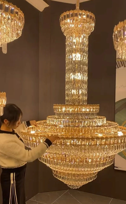 Lampadario di cristallo di lusso a più livelli extra large per soggiorno/atrio/lobby con soffitto alto 