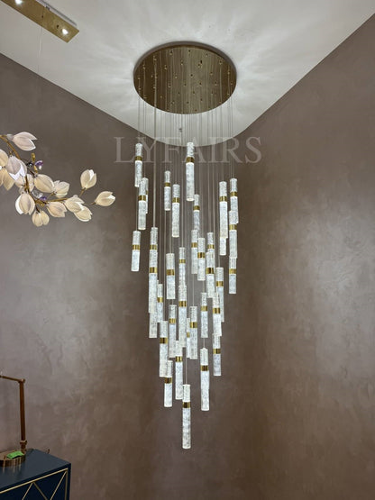 Lustre moderne à colonnes de cristal flottantes, nuageuses et éclatantes pour hauts plafonds
