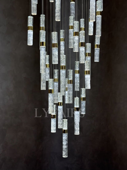 Lustre moderne à colonnes de cristal flottantes, nuageuses et éclatantes pour hauts plafonds