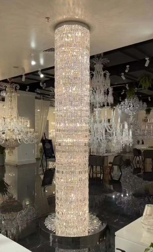 Oversized Art Designer Silver Crystal Long Ceiling Column Waterfall Chandelier