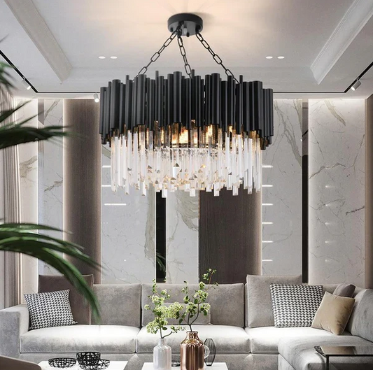 Modern Round Black Tube Crystal Chandelier for Low Ceiling