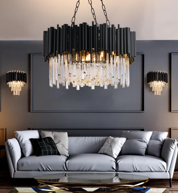 Modern Round Black Tube Crystal Chandelier for Low Ceiling