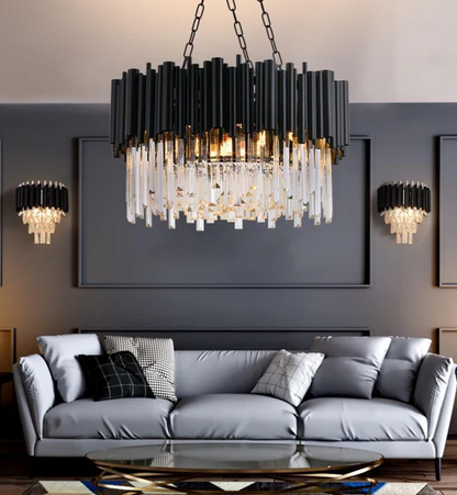 Modern Round Black Tube Crystal Chandelier for Low Ceiling