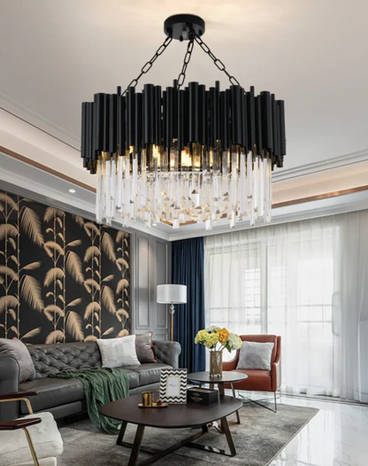 Modern Round Black Tube Crystal Chandelier for Low Ceiling