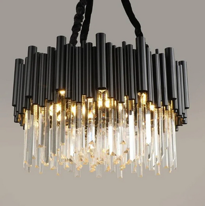 Modern Round Black Tube Crystal Chandelier for Low Ceiling