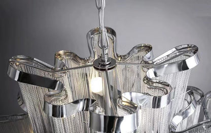Contemporary Luxury Silver Stainless Steel Waterfall Tassel Chandelier