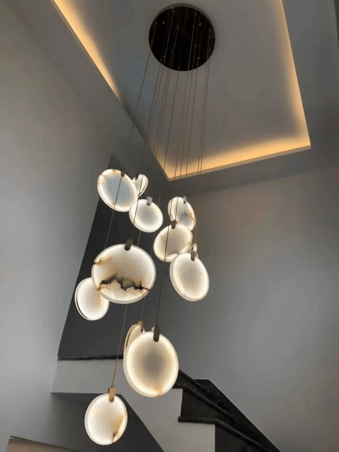 Modern Floating Round Alabaster Chandelier for High Ceiling