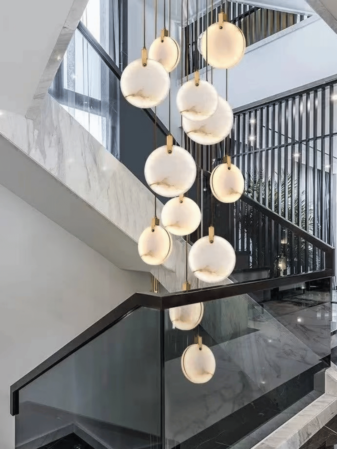 Modern Floating Round Alabaster Chandelier for High Ceiling