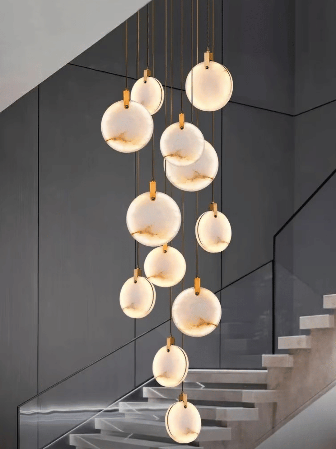 Modern Floating Round Alabaster Chandelier for High Ceiling