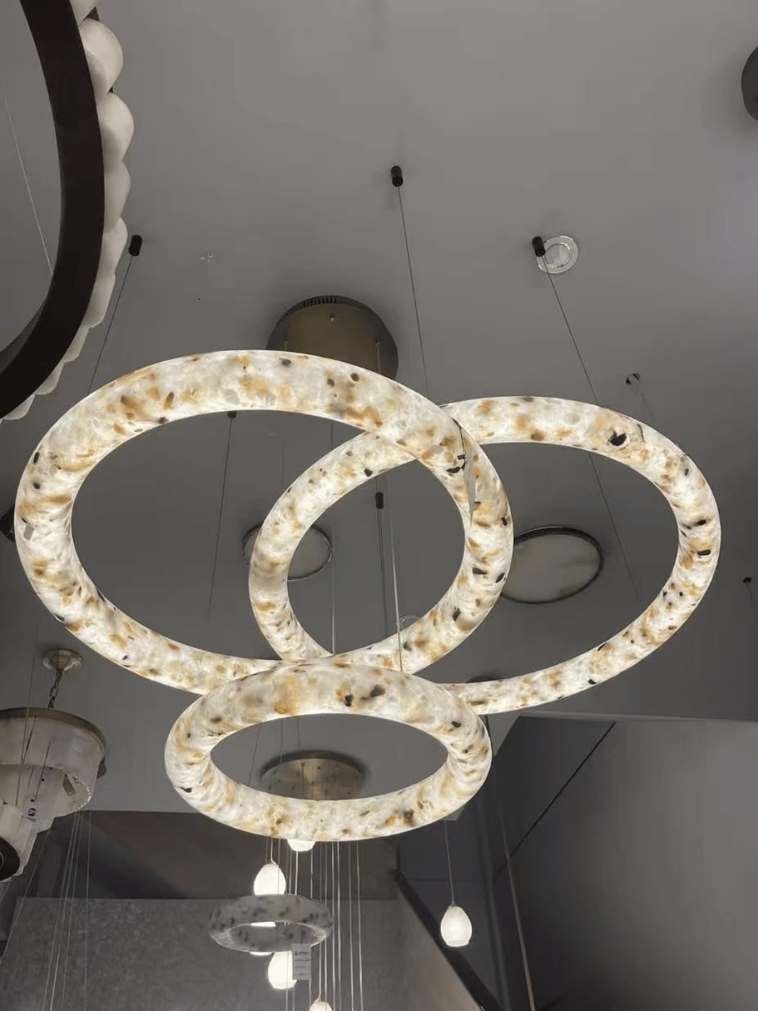 Modern Sculptural Circular Mixed Alabaster Halo Suspension Light