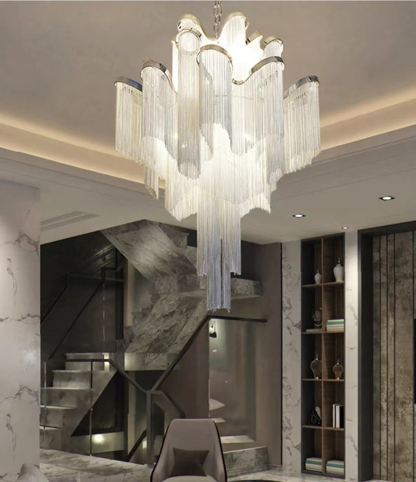 Contemporary Luxury Silver Stainless Steel Waterfall Tassel Chandelier