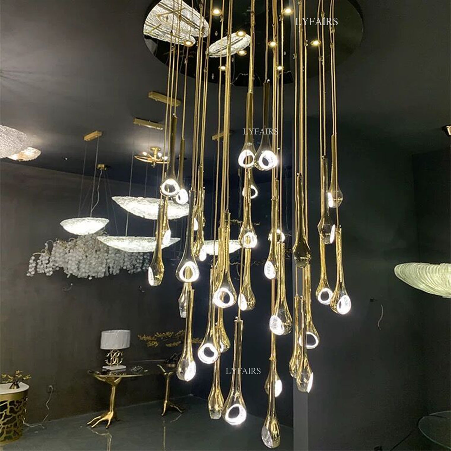 Modern Floating Long Gold Pendant Celing Chandelier for Living Room/Stairs/Foyer