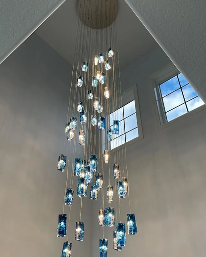 Modern Colorful Rectangle Cluster Glass Tile Staircase Chandelier