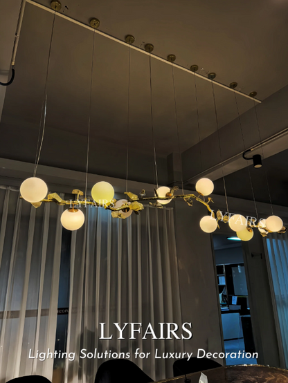 Luxury Linear Brass Branches Chandelier with White Globe Glass