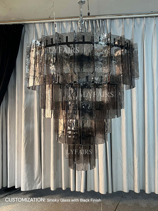 Vintage Inspired Tiered Clear/Smoky Gray Rippled Cast Glass Chandelier