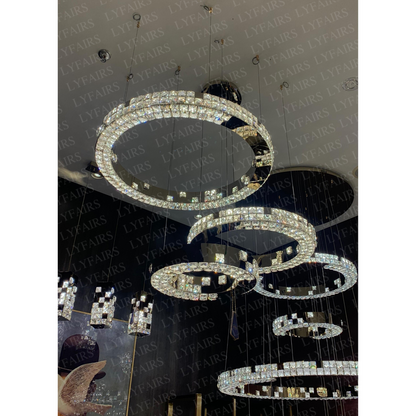 Modern Luxury 1/2/3/6-Ring Crystal Pixel Cube Chandelier Set for Staircase/Foyer/Living Room