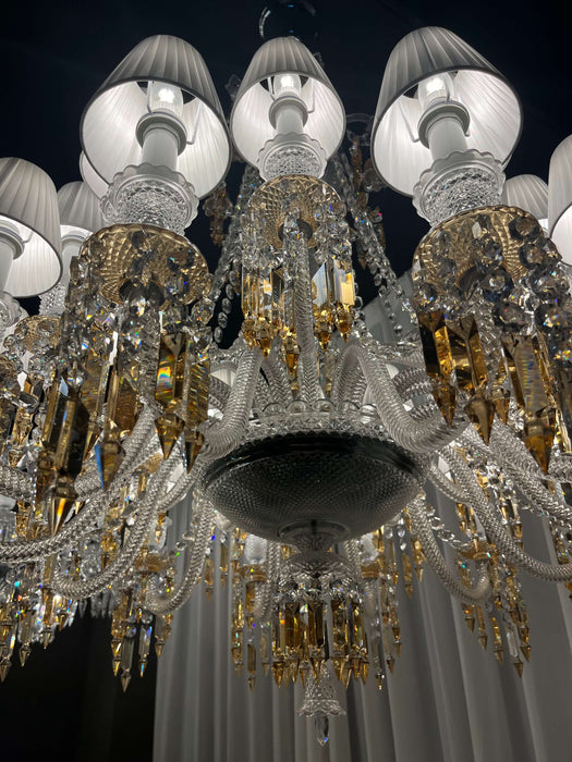 Lampadario di lusso classico a più livelli con paralume in cristallo giallo e candela, grande e luminoso, per stanze con soffitti alti/soggiorno